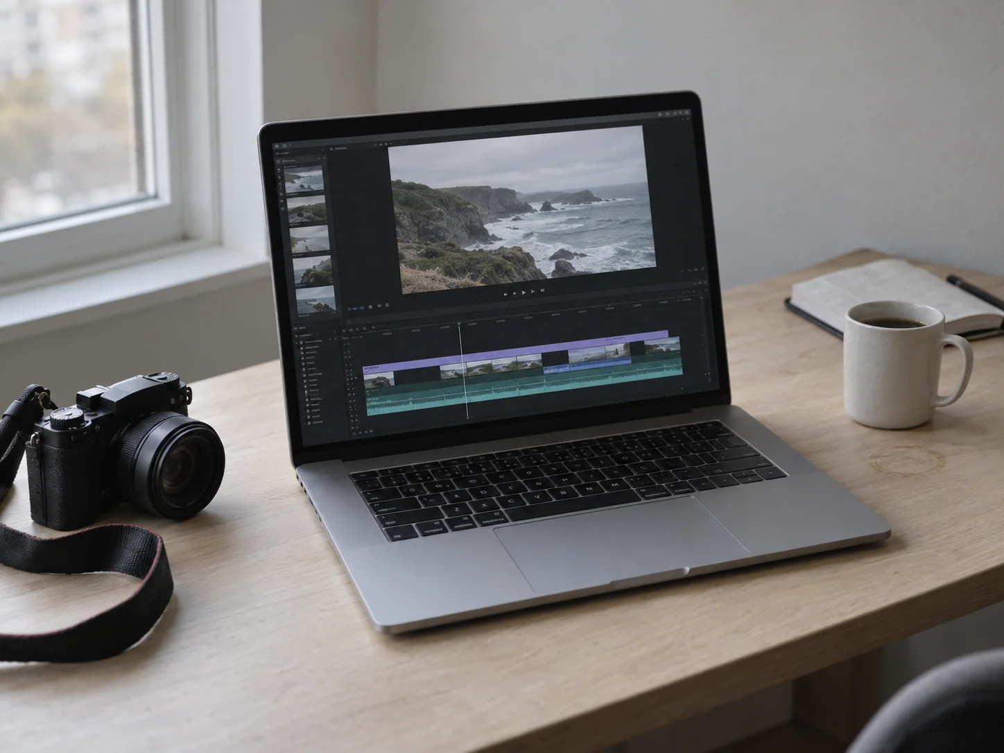 A laptop on a pale wooden desk beside a window, showing a coastal landscape edit, with a camera alongside it.
